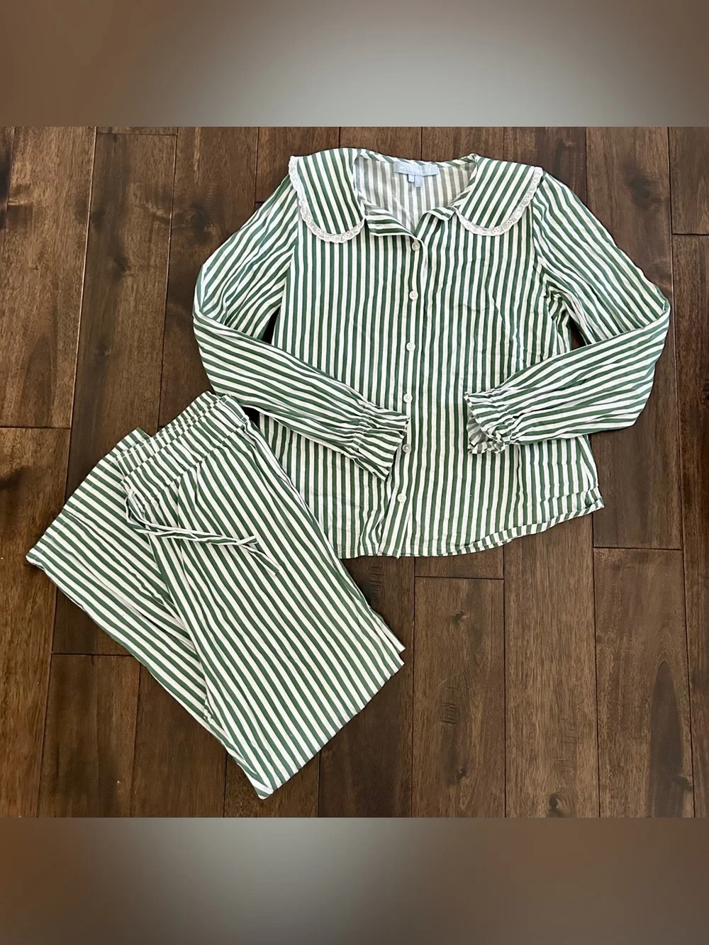 Hill House Green Stripe Cotton Pajama Set XS Peter Pan Collar 2-Piece Sleepwear
